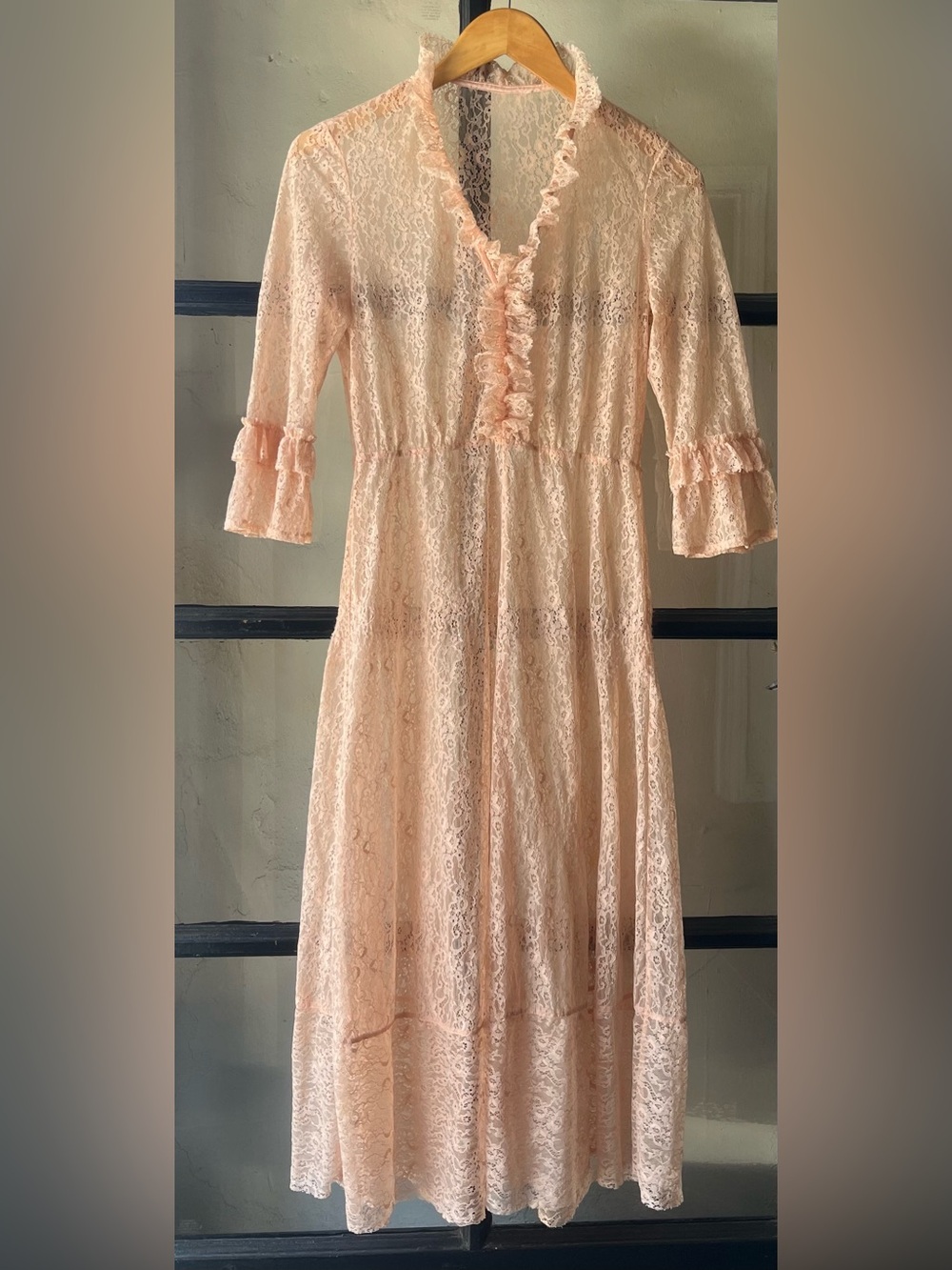 Sweet Vintage Light Pink Lace Ruffle Sheer Dress